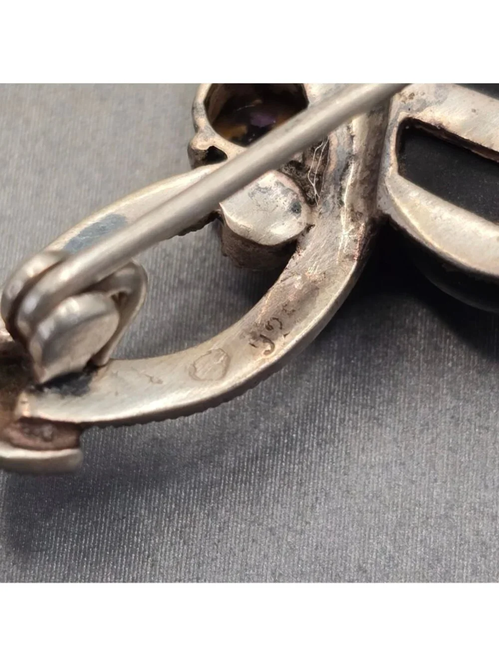 Art Deco Sterling Silver Onyx Amethyst Citrine Marcasite Brooch Vintage C Mark - Picture 8 of 15